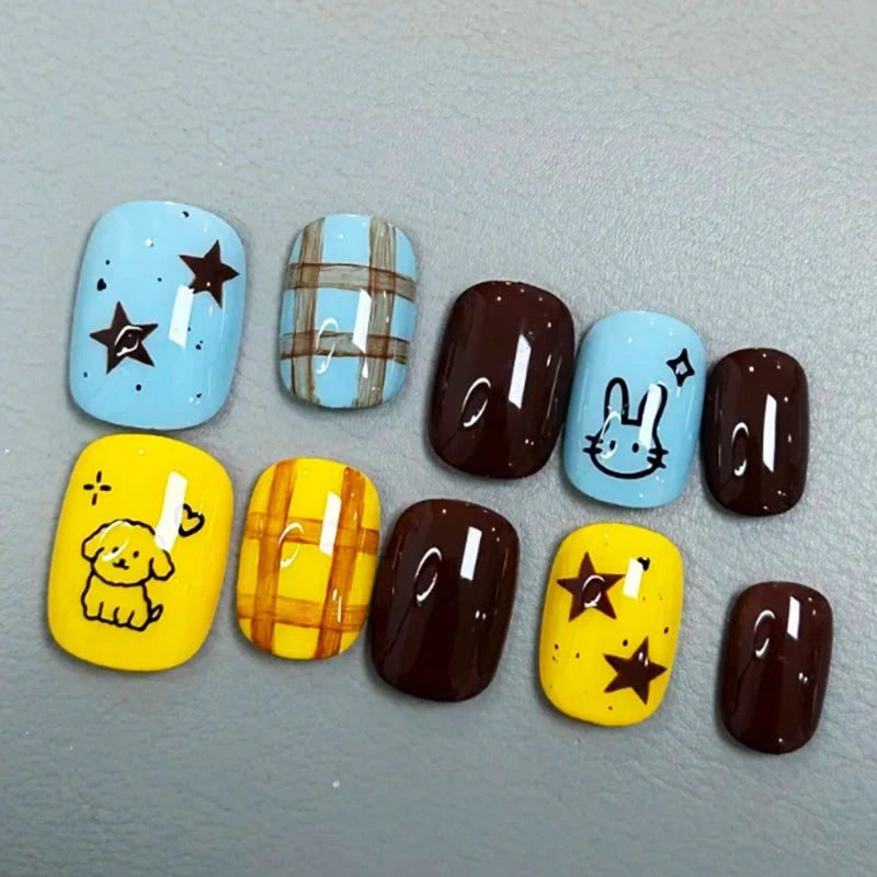 Blue and Yellow Puppy Doodle Plaid Press On Nails