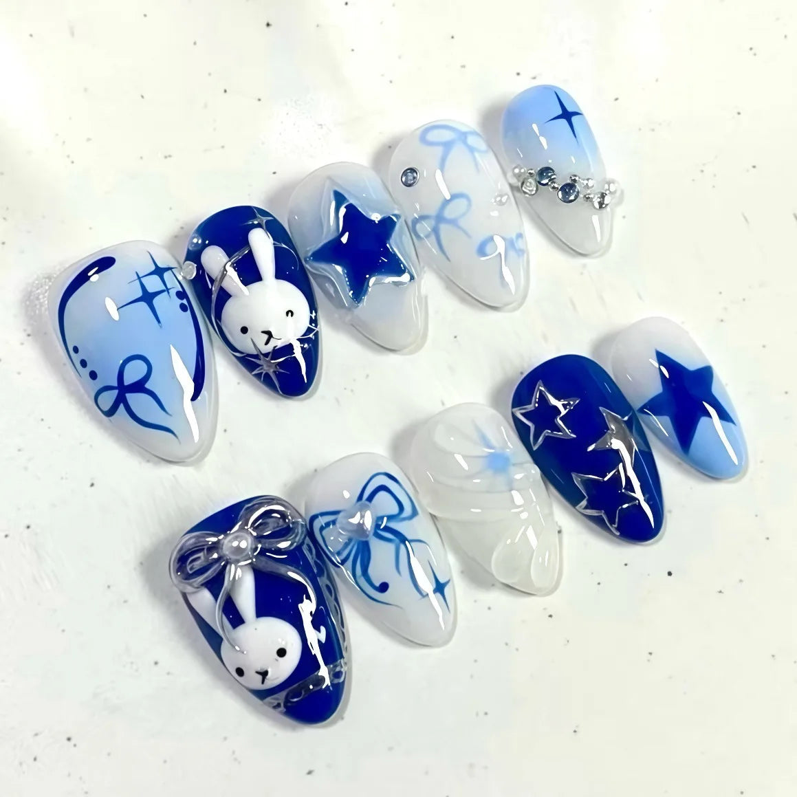 Blue Bunny, Bow and Star French Tip Press On Nail Set