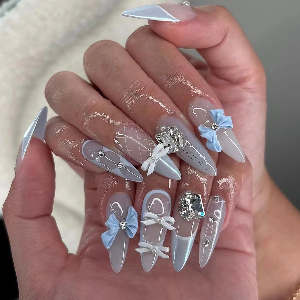 Blue Butterfly Charm Press On Nails with Bows and Rhinestones
