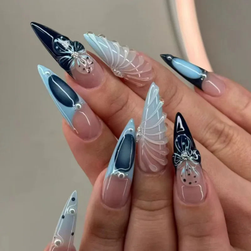 Blue Butterfly Wing Press On Nail Set With Navy French Tips