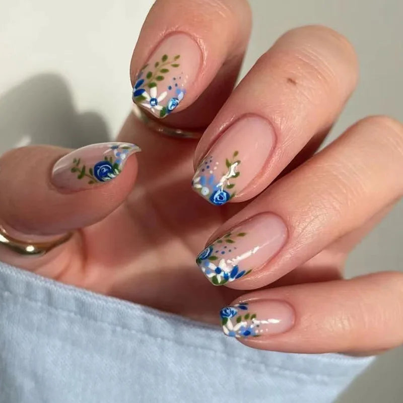 Blue Floral French Tip Press On Nails with Pink-Nude Base