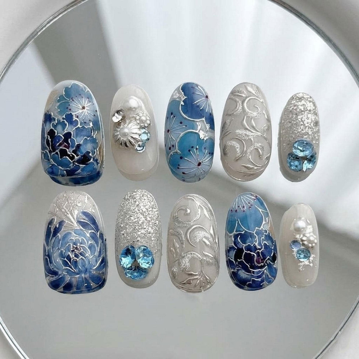 Blue Floral Wedding Nail Set with Silver Scrollwork, Glitter, Rhinestones and Pearl Accents
