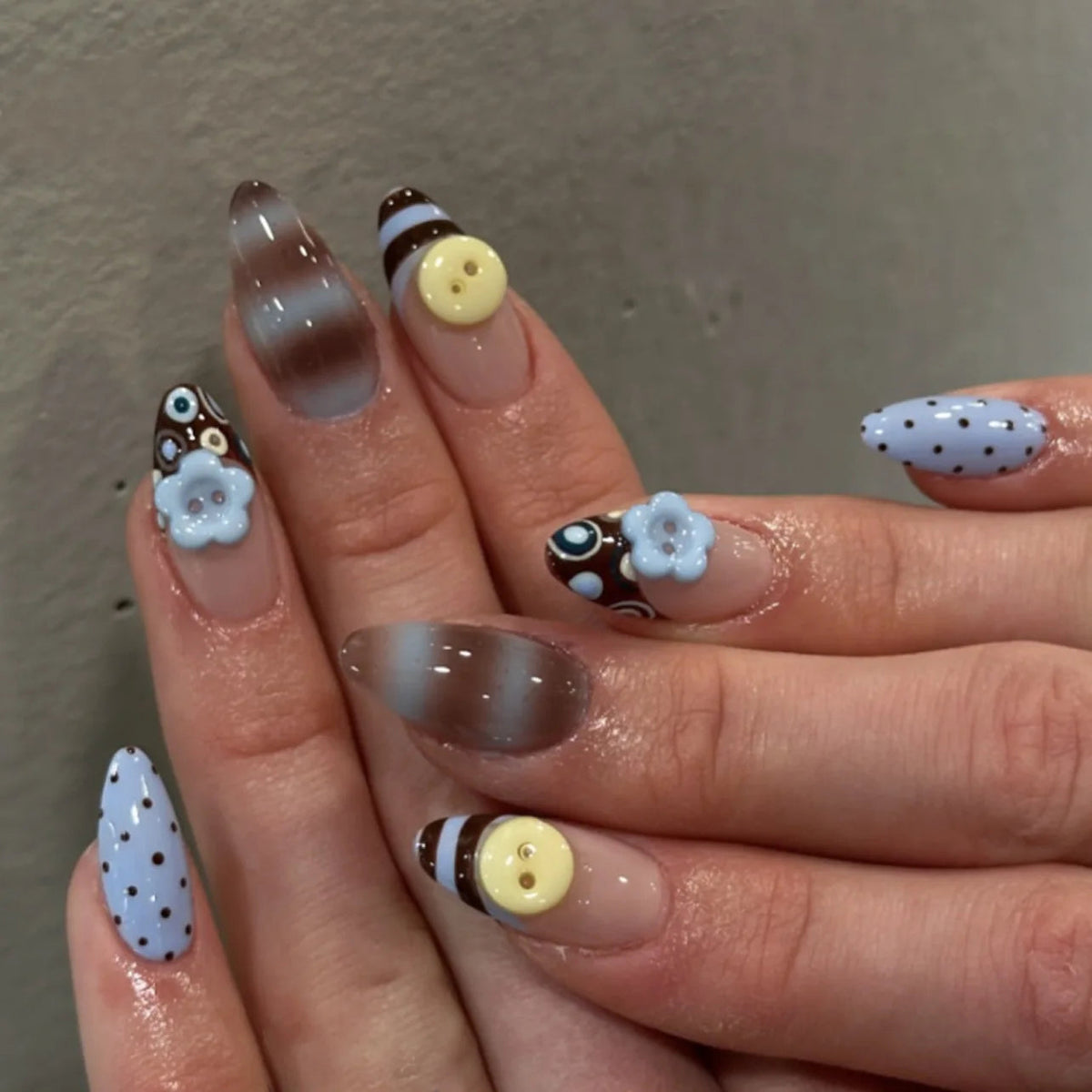 Blue Flower and Brown Dotted French Tip Nail Set