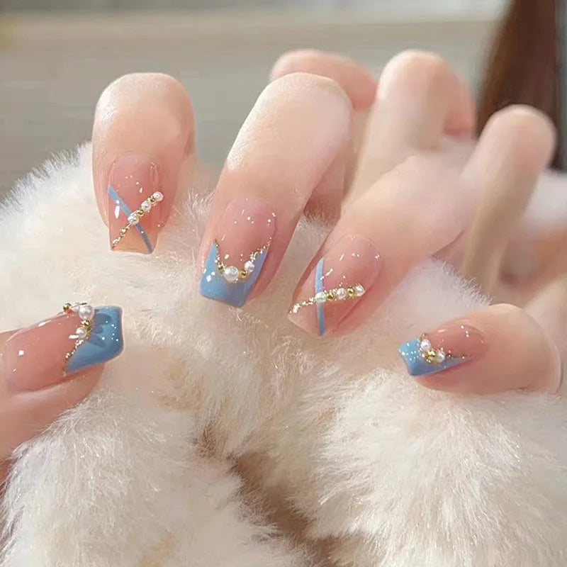 Blue French Tip Press On Nails with Pearls and Gold Line Details