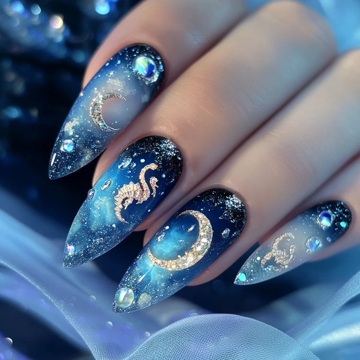 Blue Galaxy Nails with Crescent Moons, Starry Glitter and Rhinestones