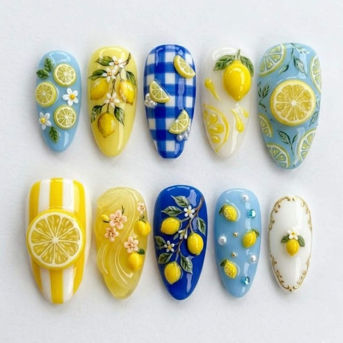 Blue Gingham and 3D Lemon Citrus Nail Set