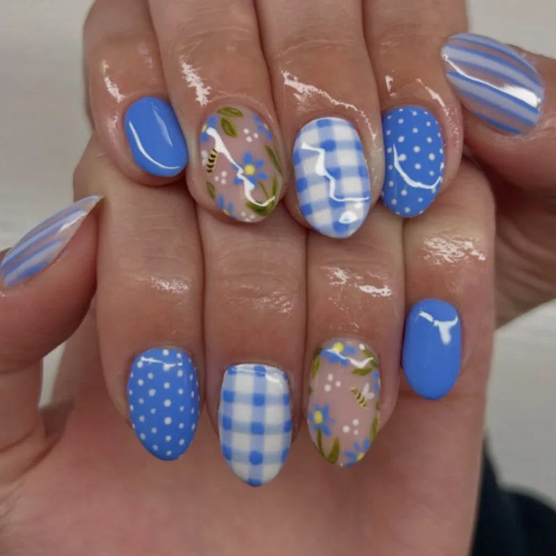Blue Gingham Floral Press-On Nails With Polka Dots and Stripes