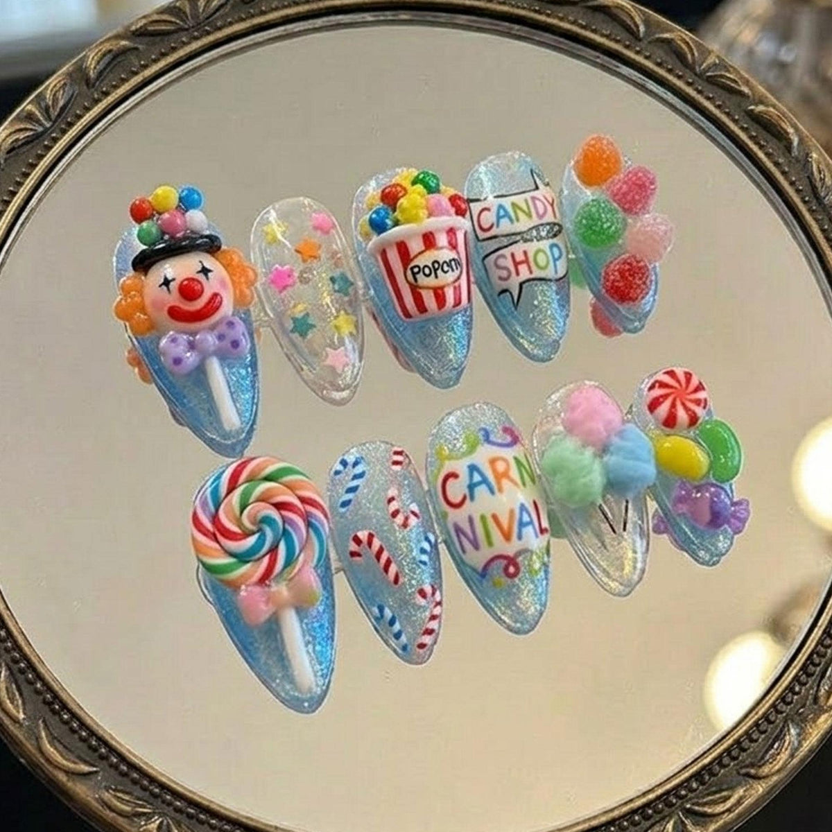 Blue Glitter Carnival Candy Press-On Nail Set With 3D Clown and Lollipop Details