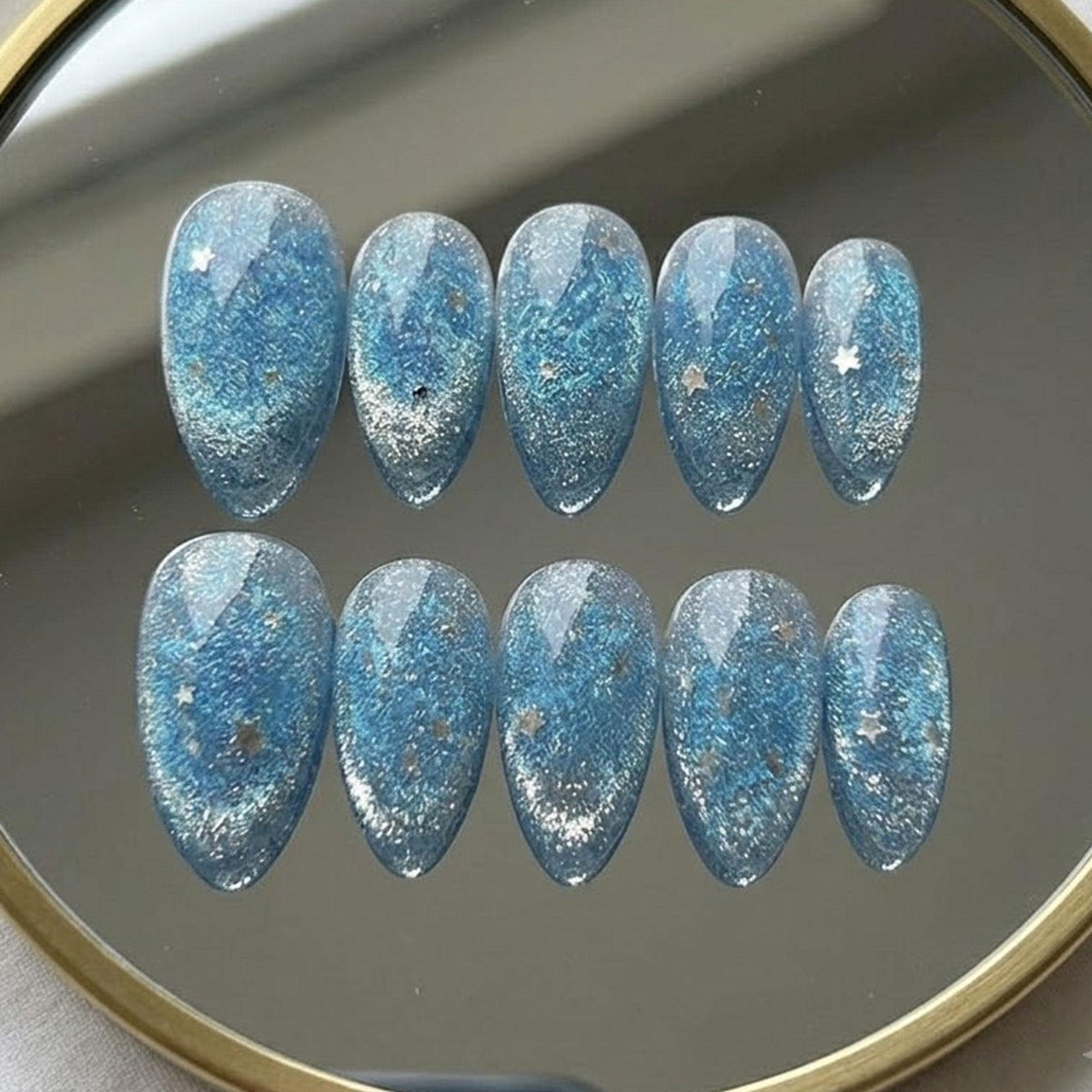 Blue Glitter Galaxy Press On Nails With Star Accents