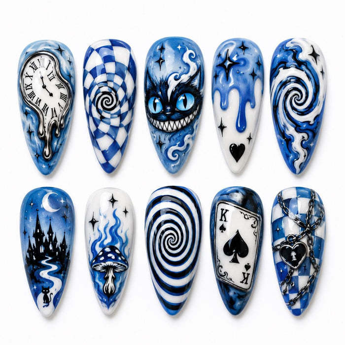 Blue Gothic Wonderland Press On Nails With Checkerboard, Cat, Clock, and Heart Charm Art