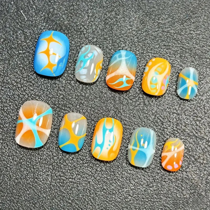 Blue, Orange, Yellow and White Retro Abstract Swirl Press-On Nails