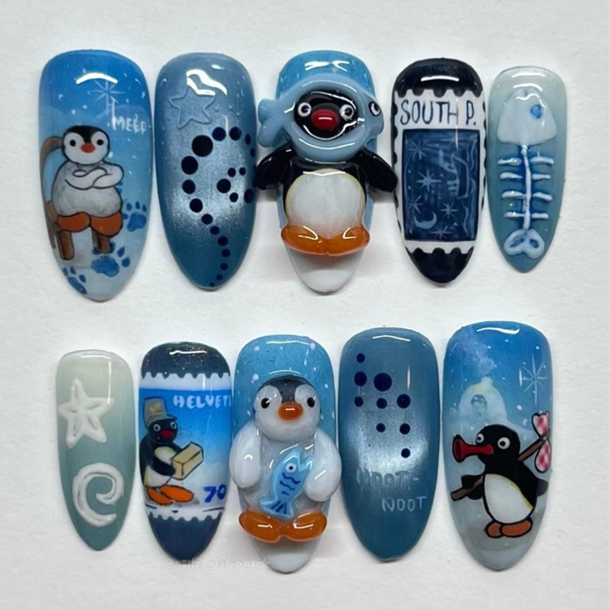 Blue Penguin Press-On Nails With 3D Figures, Fish, Snowflakes, and Playful Text