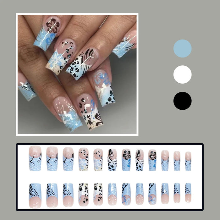 Blue, Pink, and Black Cow Print Floral Press On Nail Set