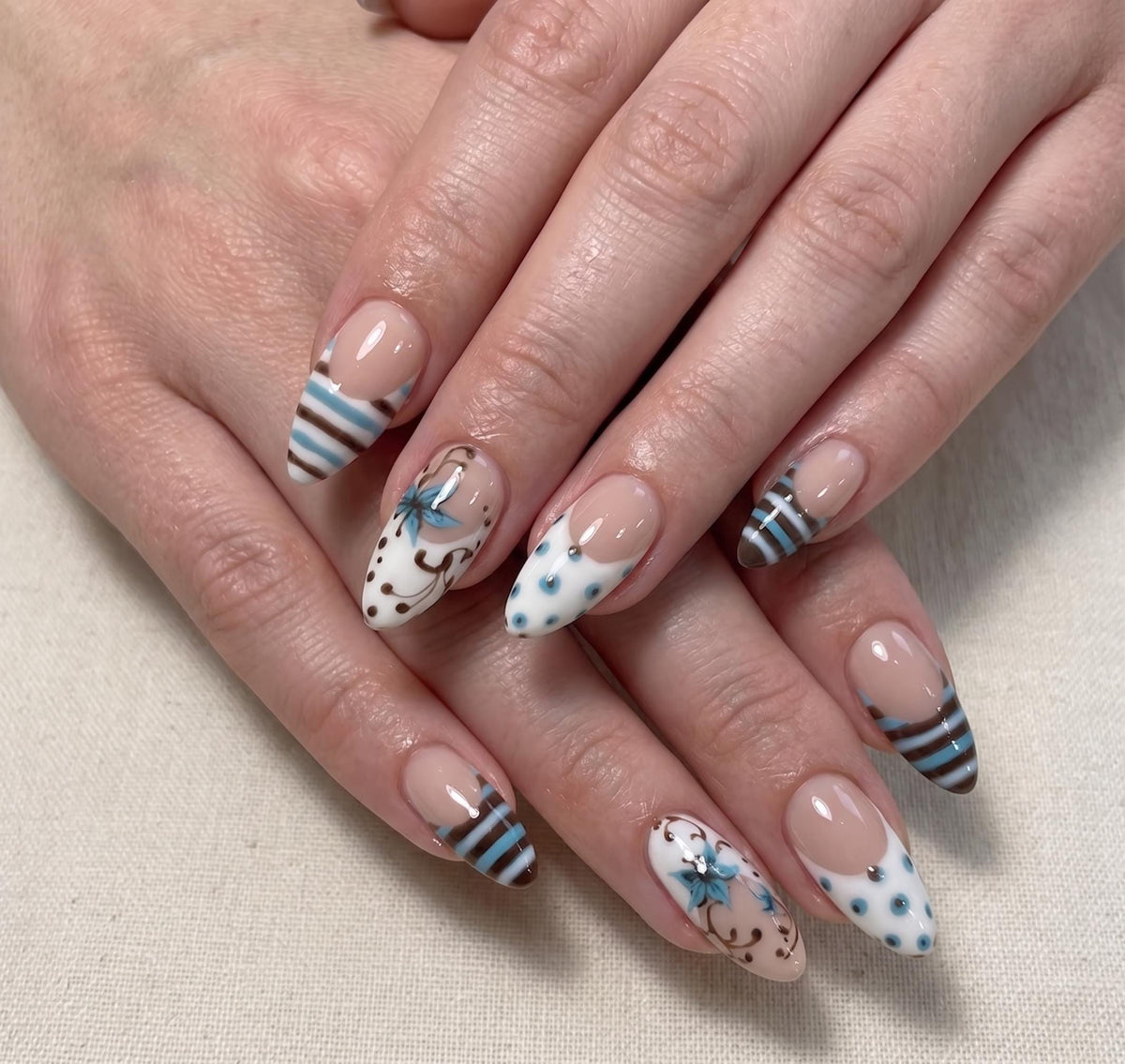 Blue Porcelain Floral and Striped French Tip Press On Nails