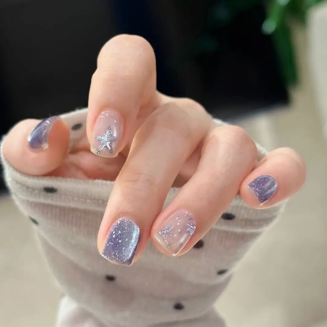 Blue Purple Cat Eye Glitter Star Press On Nails