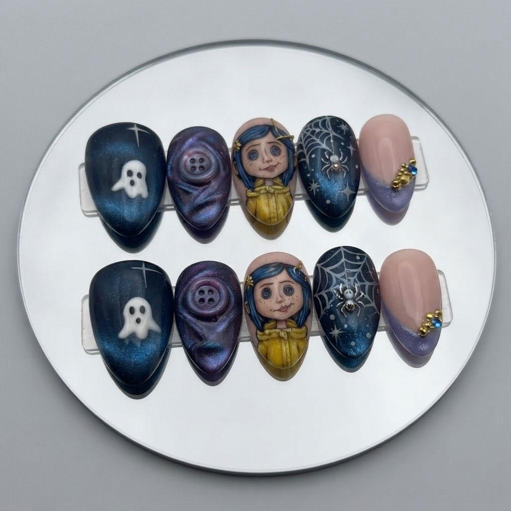 Blue-Purple Halloween Press-On Nails With Ghosts, Button Doll and Spiderwebs