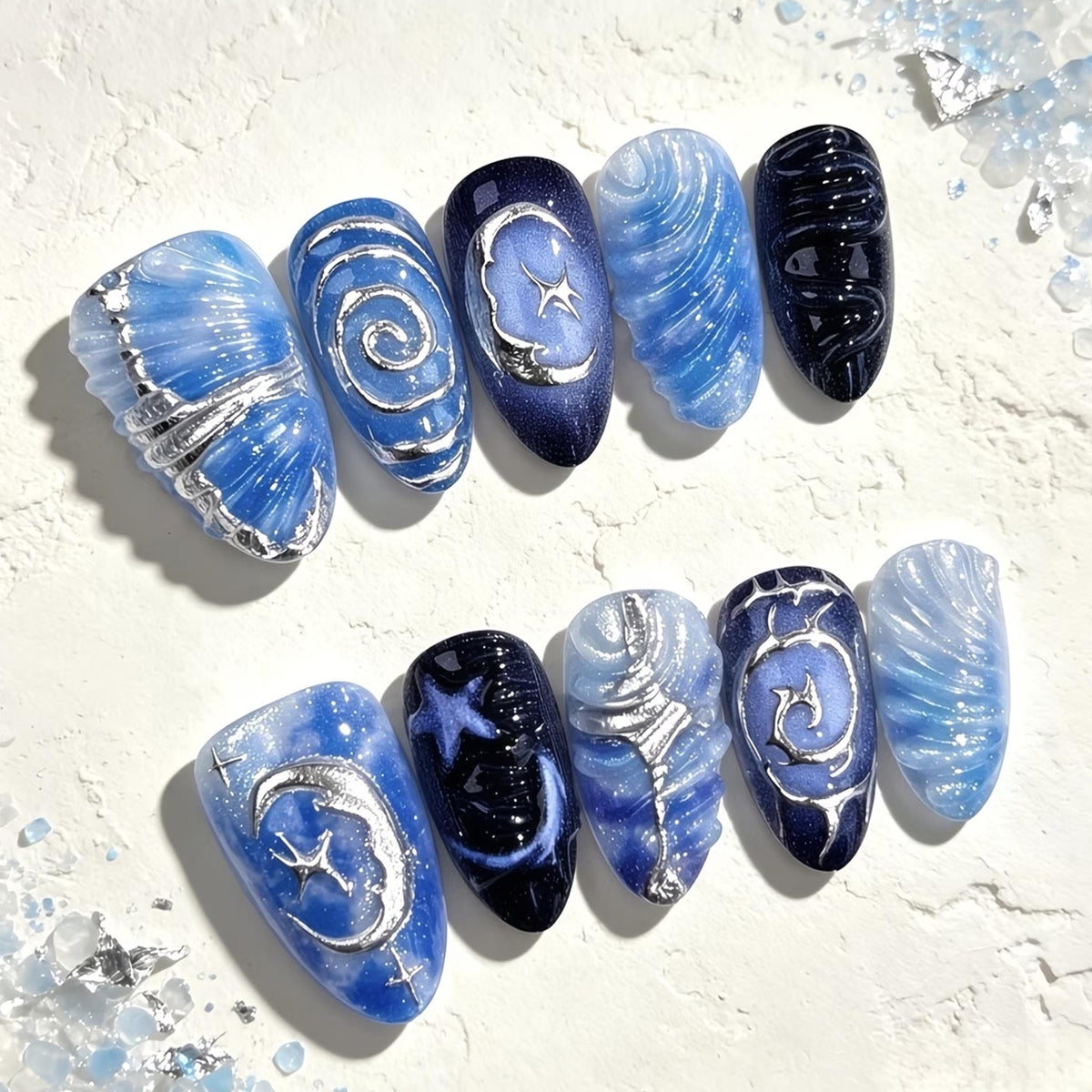 Blue Seashell Press-On Nails with Silver Waves, Moons and Stars