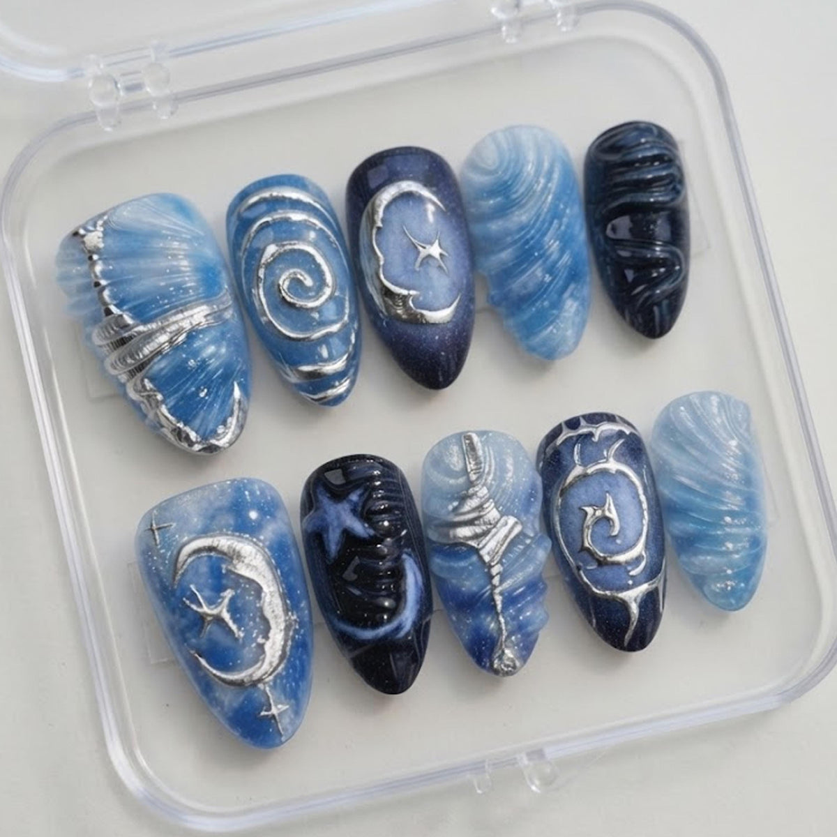 Blue Seashell Press-On Nails with Silver Waves, Moons and Stars
