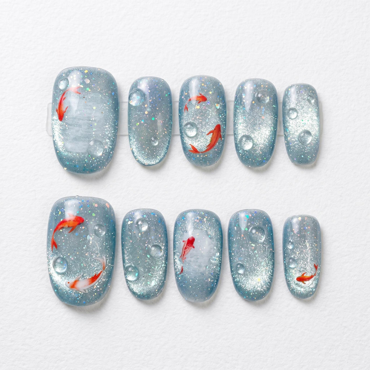 Blue-Silver Cat Eye Koi Fish Press On Nails With 3D Water Drops