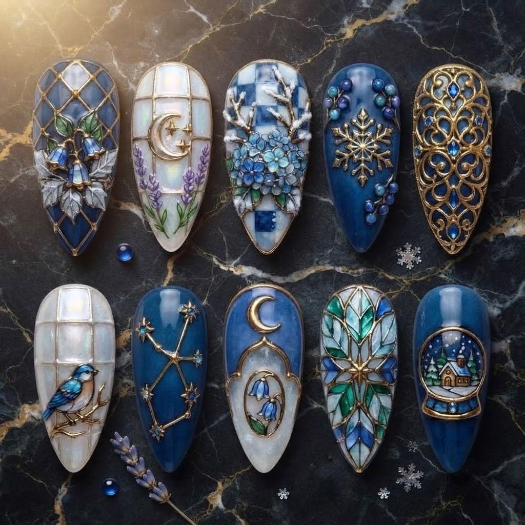 Blue Stained Glass Winter Nails With Gold Outlines, Florals, Snowflake and Celestial Motifs