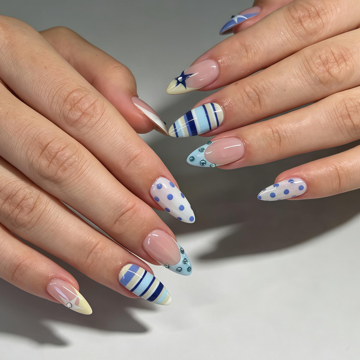 Blue Stripe, Polka Dot and Star French Tip Nail Set