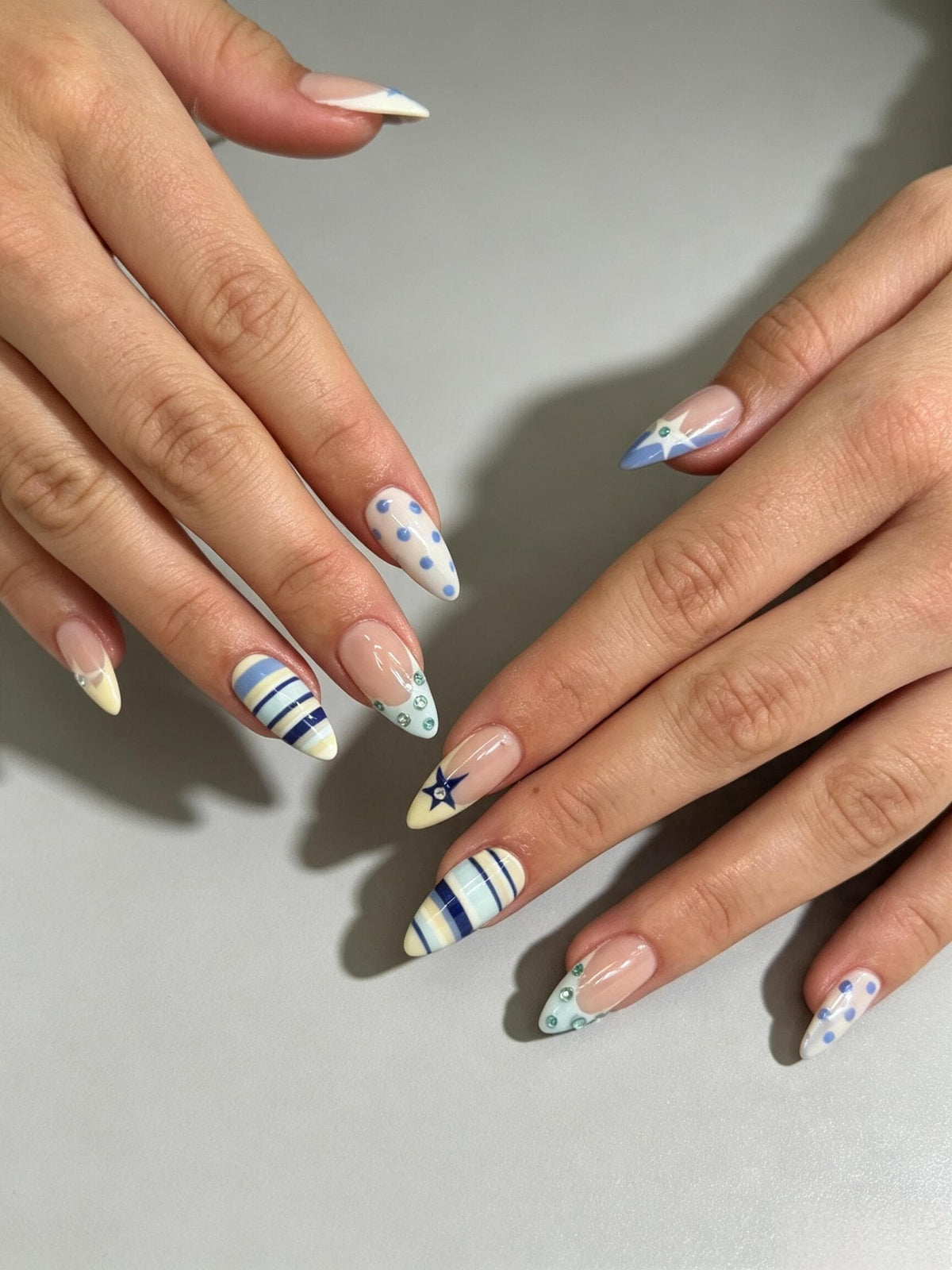 Blue Stripe, Polka Dot and Star French Tip Nail Set