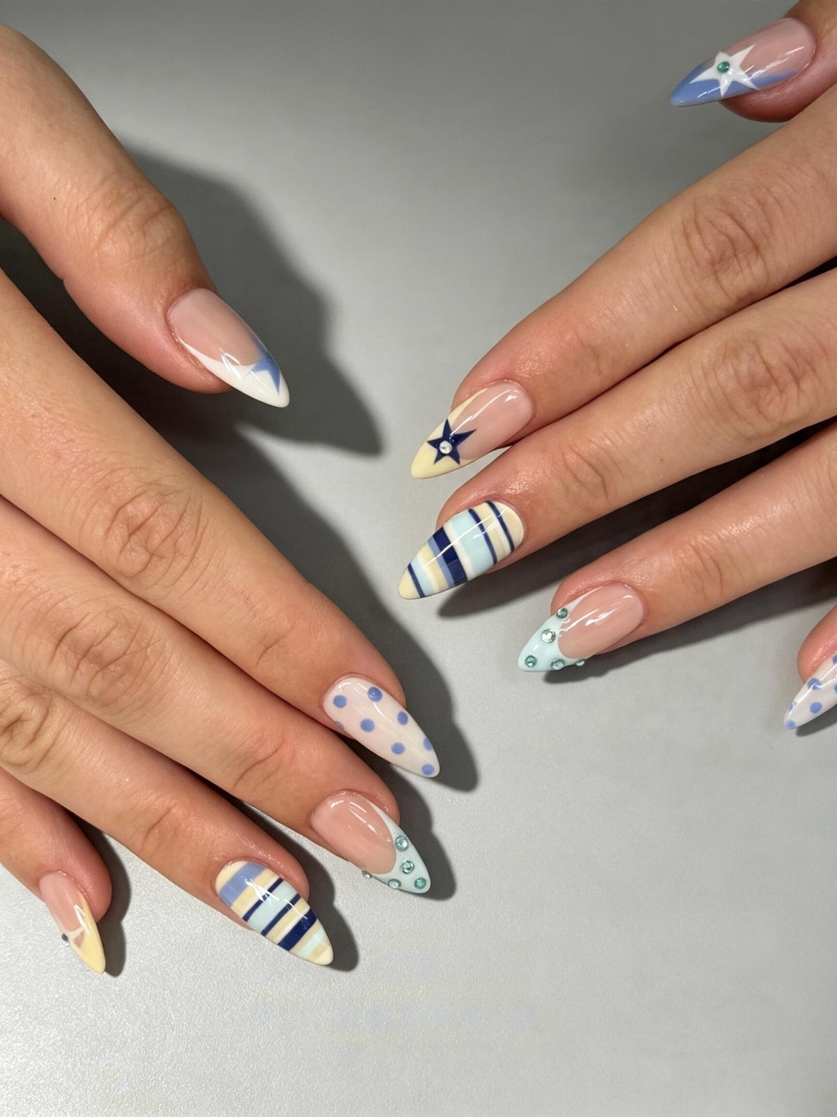 Blue Stripe, Polka Dot and Star French Tip Nail Set