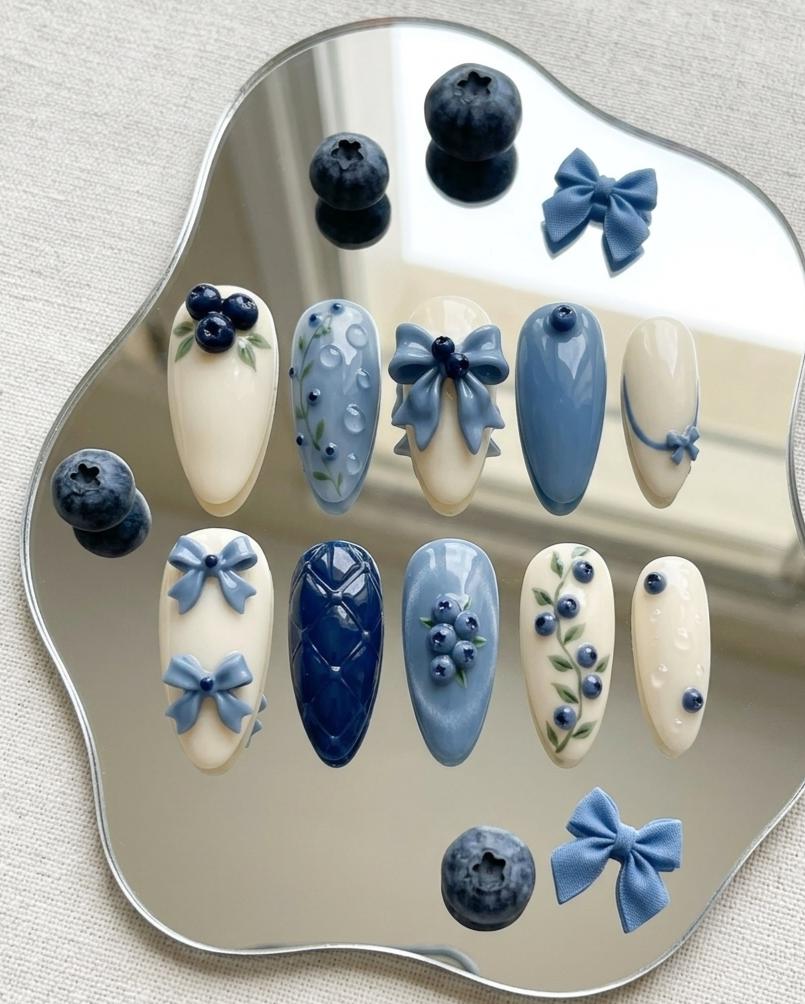 Blueberry and 3D Bow Press-On Nail Set