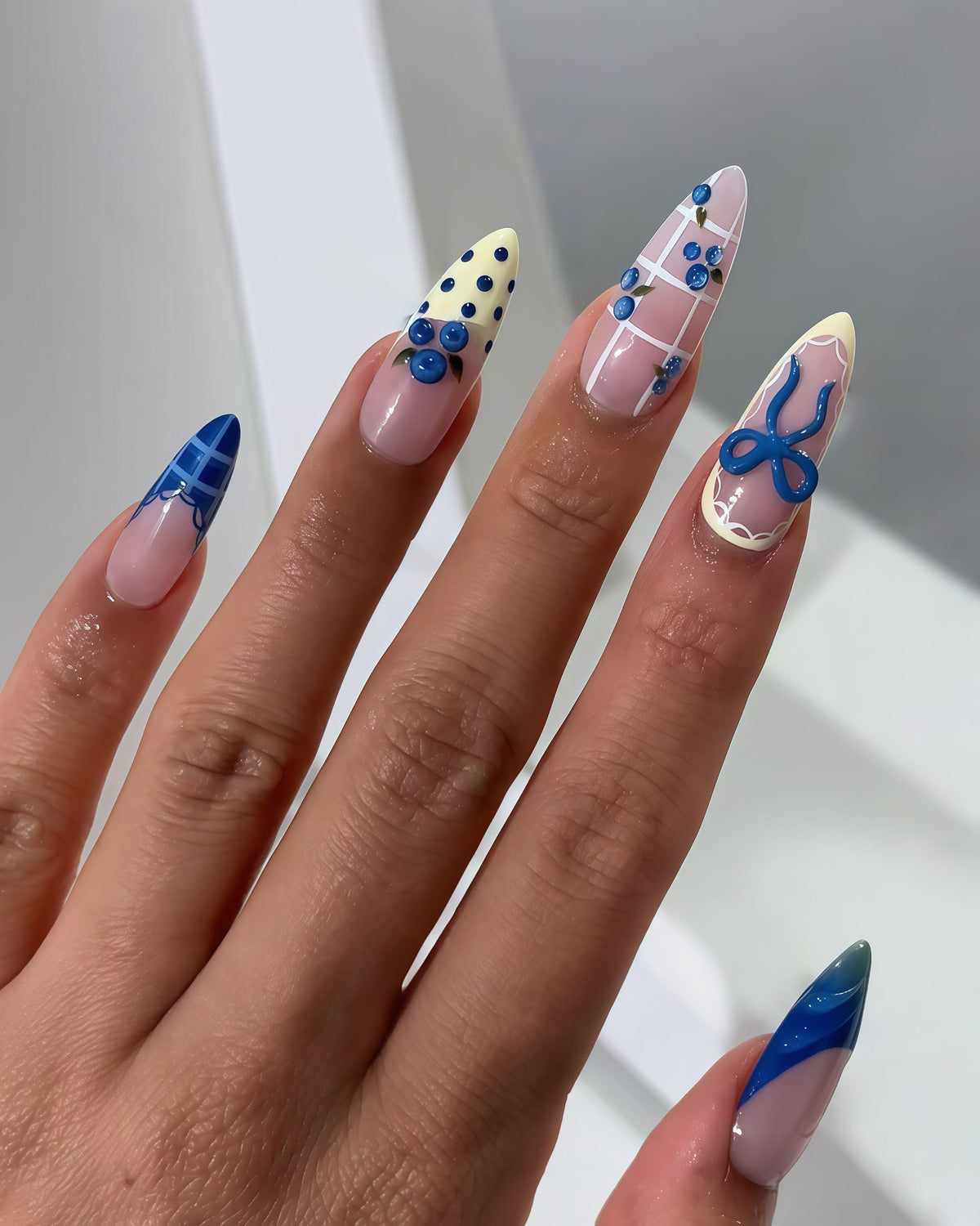 Blueberry and Bow French Tip Press On Nails with Grid and Polka Dot Details for Summer