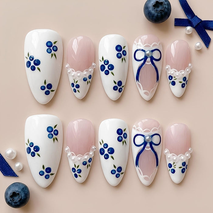 Blueberry and Pearl Bow Press On Nails with Lace Details