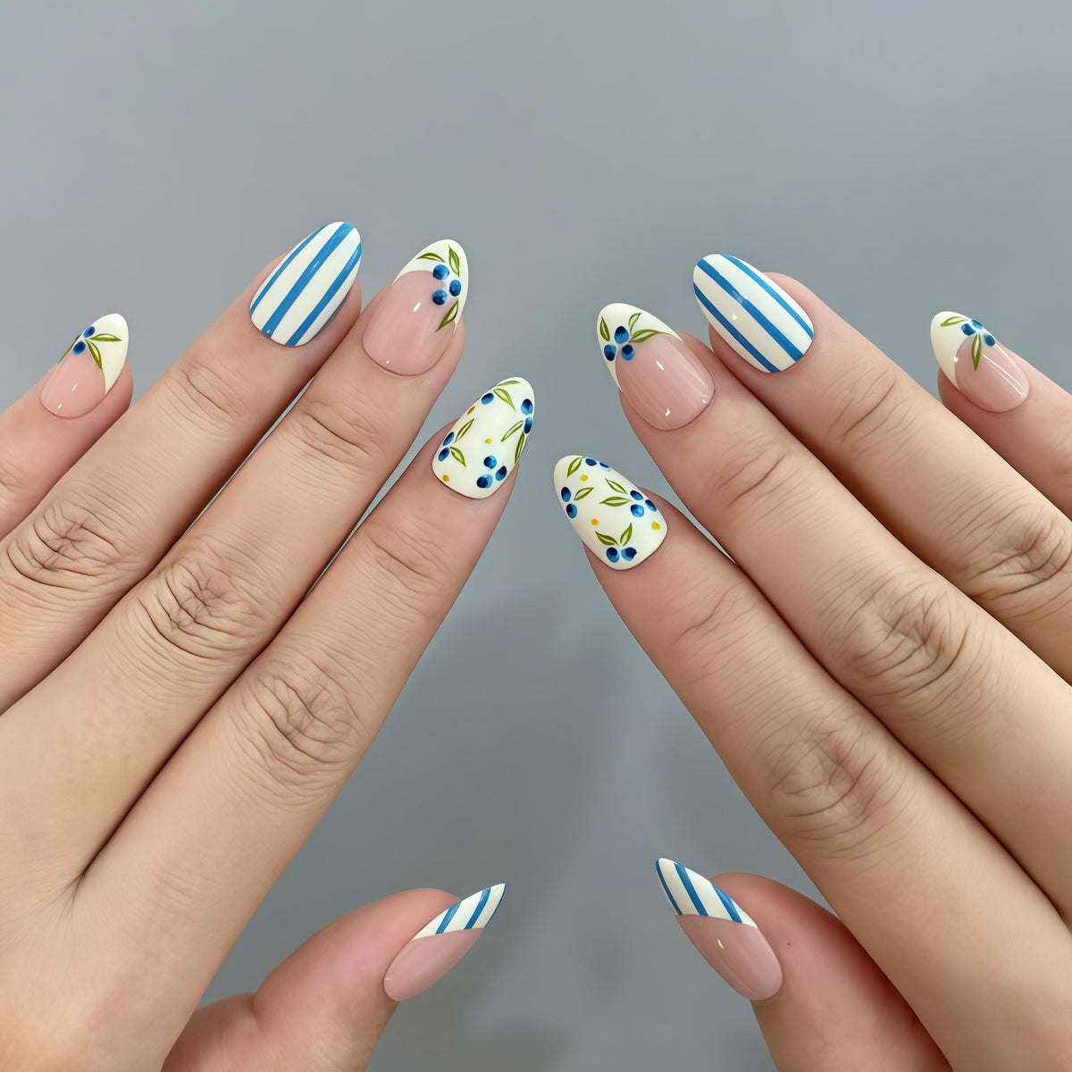 Blueberry Botanical Striped Press On Nails