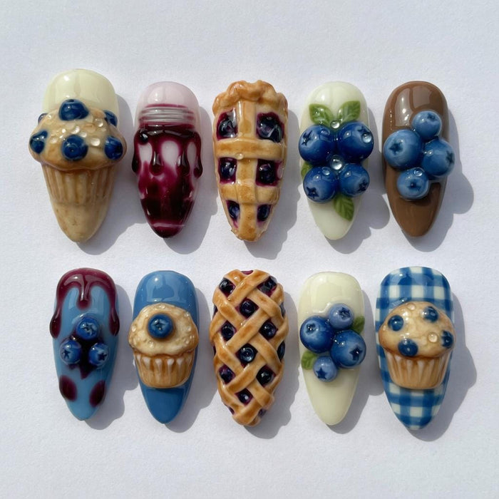 Blueberry Dessert Press On Nails With 3D Pies, Cupcakes, and Jam