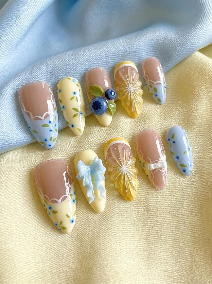 Blueberry Lemon Summer Nails With 3D Fruit, Bow, and Scalloped French Details