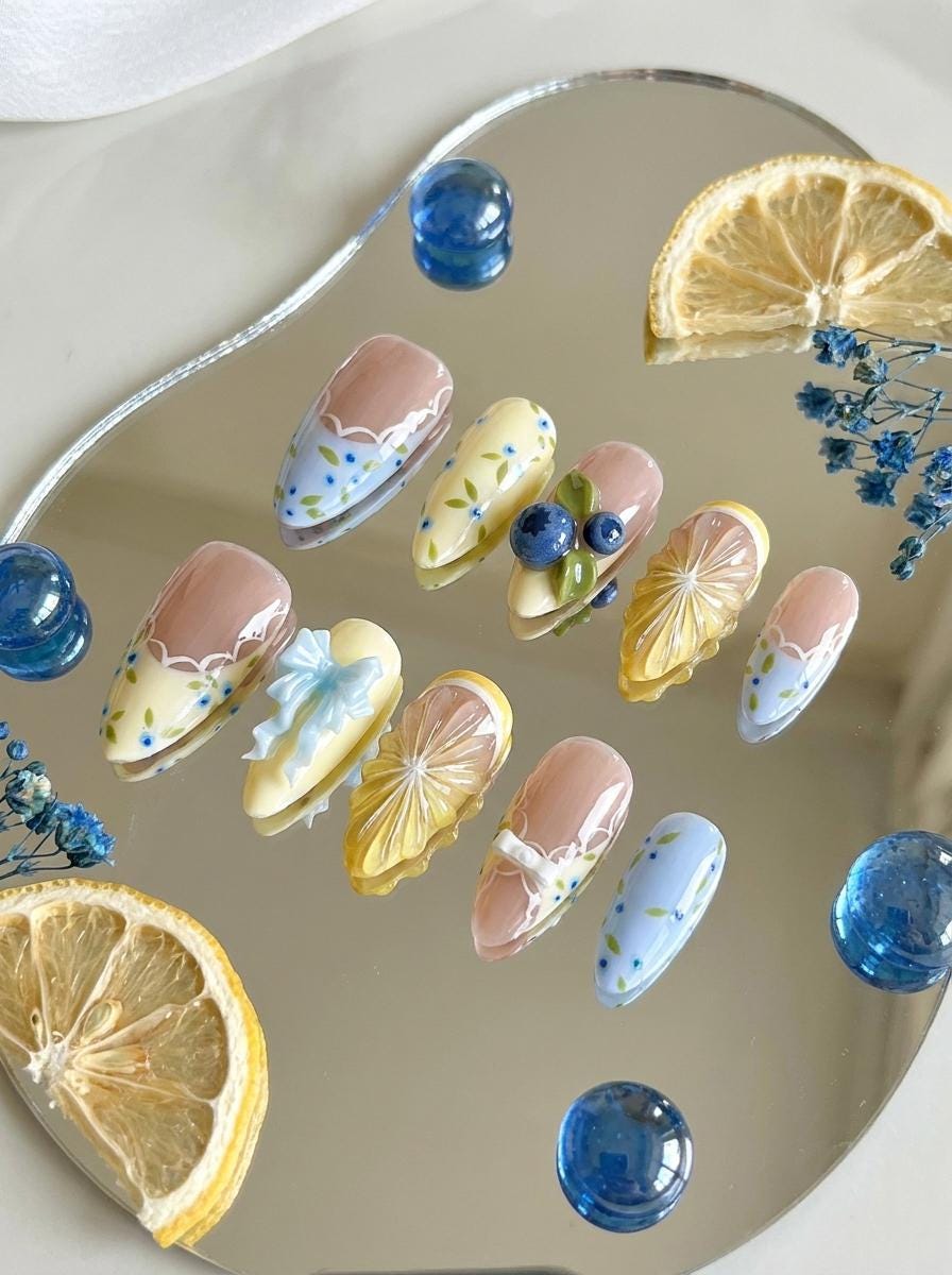 Blueberry Lemon Summer Nails With 3D Fruit, Bow, and Scalloped French Details