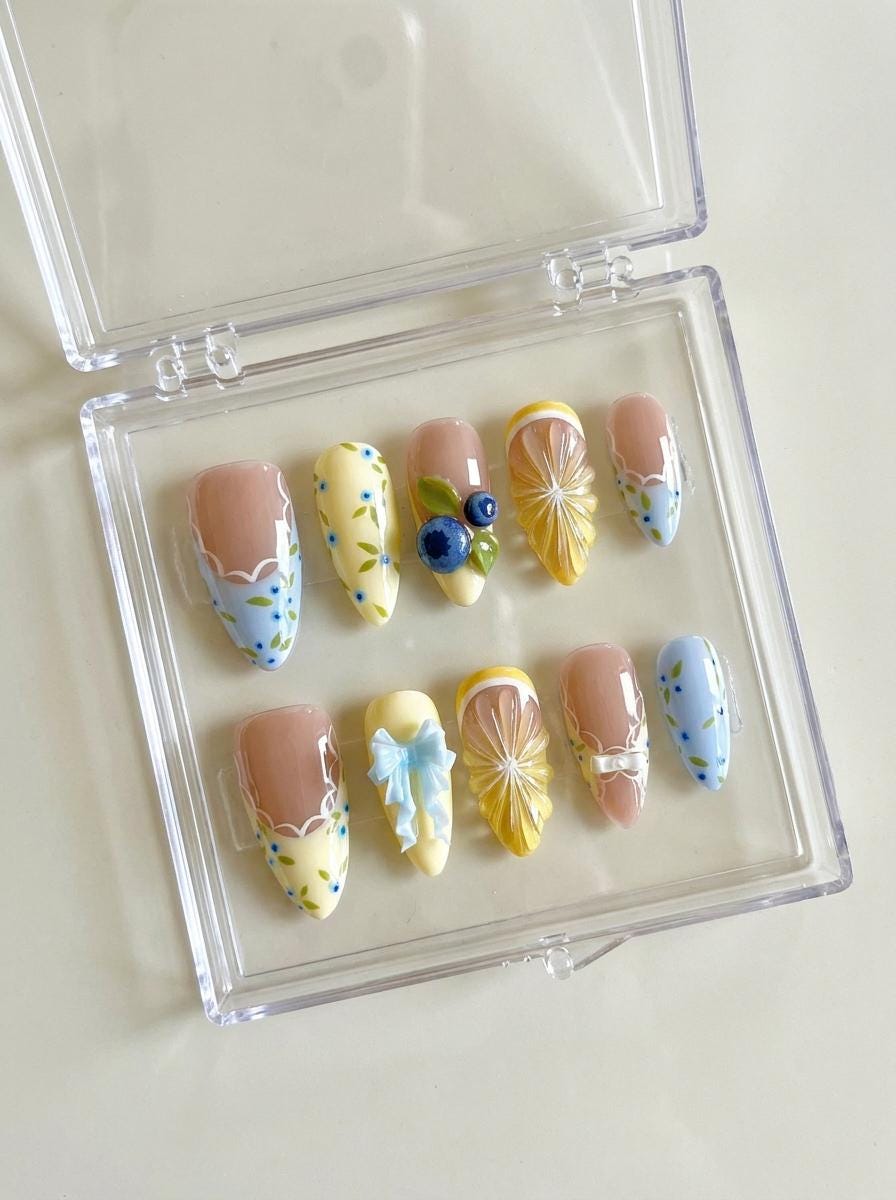 Blueberry Lemon Summer Nails With 3D Fruit, Bow, and Scalloped French Details