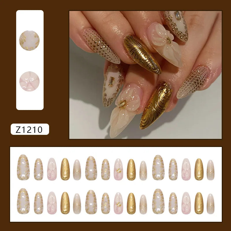 Blush and Ivory Floral Nails With Gold Chrome and Foil Accents