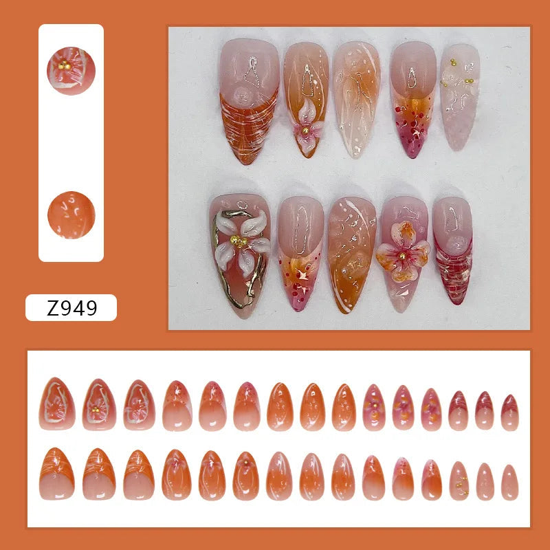 Blush and Orange-Pink Floral Press-On Nails with Gold Details