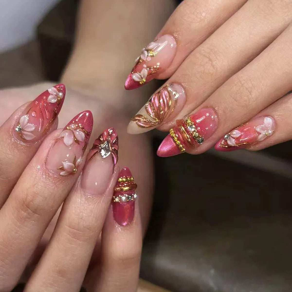 Blush and Rose Pink Floral French Tip Nails with Gold Details