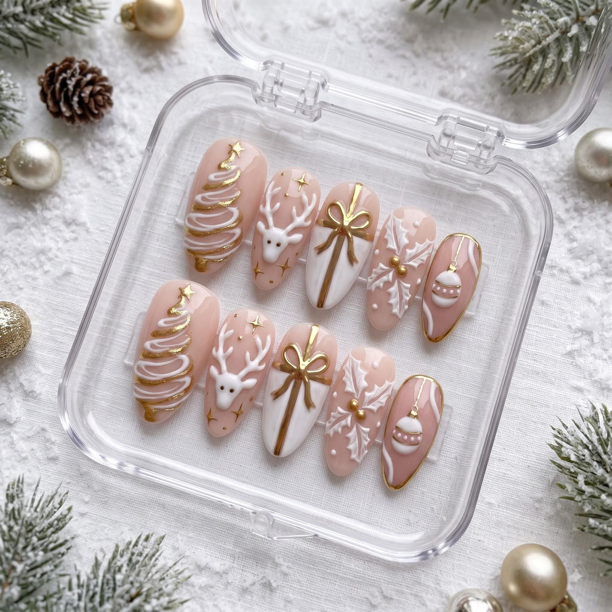 Blush Christmas Press On Nails With Gold Reindeer, Trees, Bows and Snowflakes