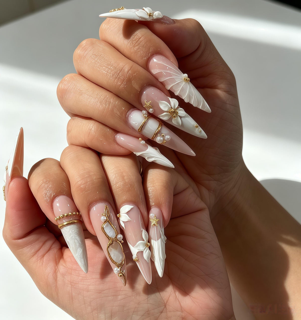 Blush Nude and Ivory Shell Flower Beach Press On Nails with Pearl Starfish and Gold Accents