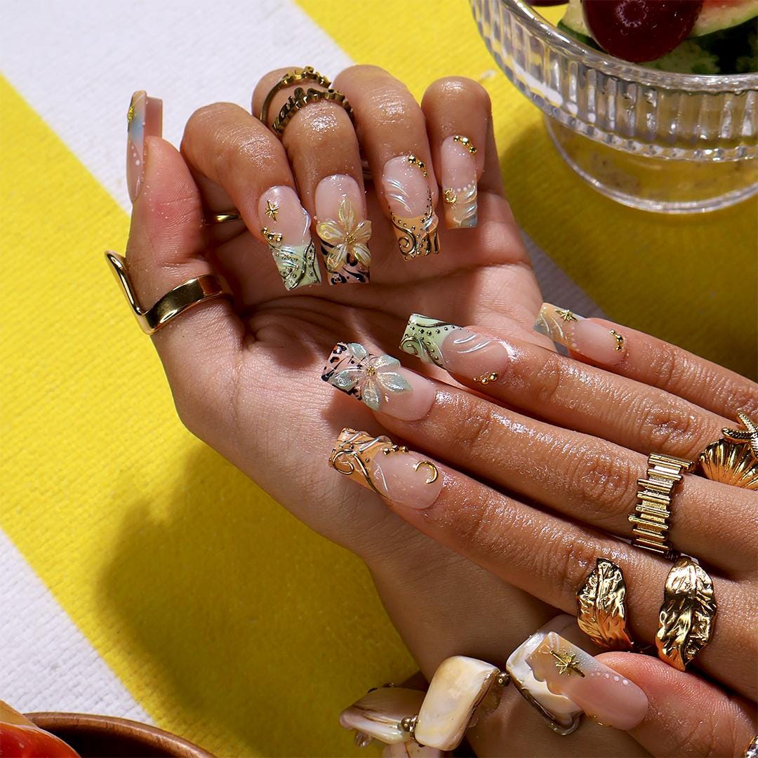 Blush Nude Celestial Floral Nails With Gold Chrome and Animal Print