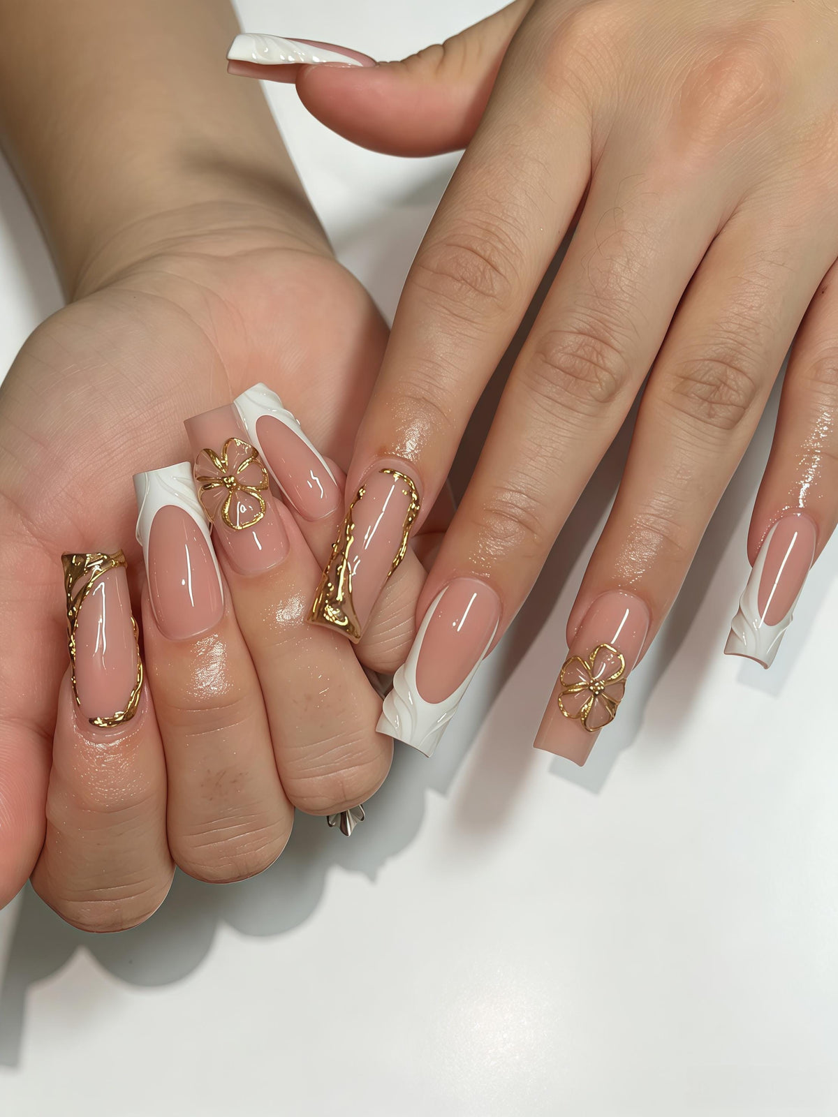 Blush Nude French Tip Nails With Gold Open-Flower Details