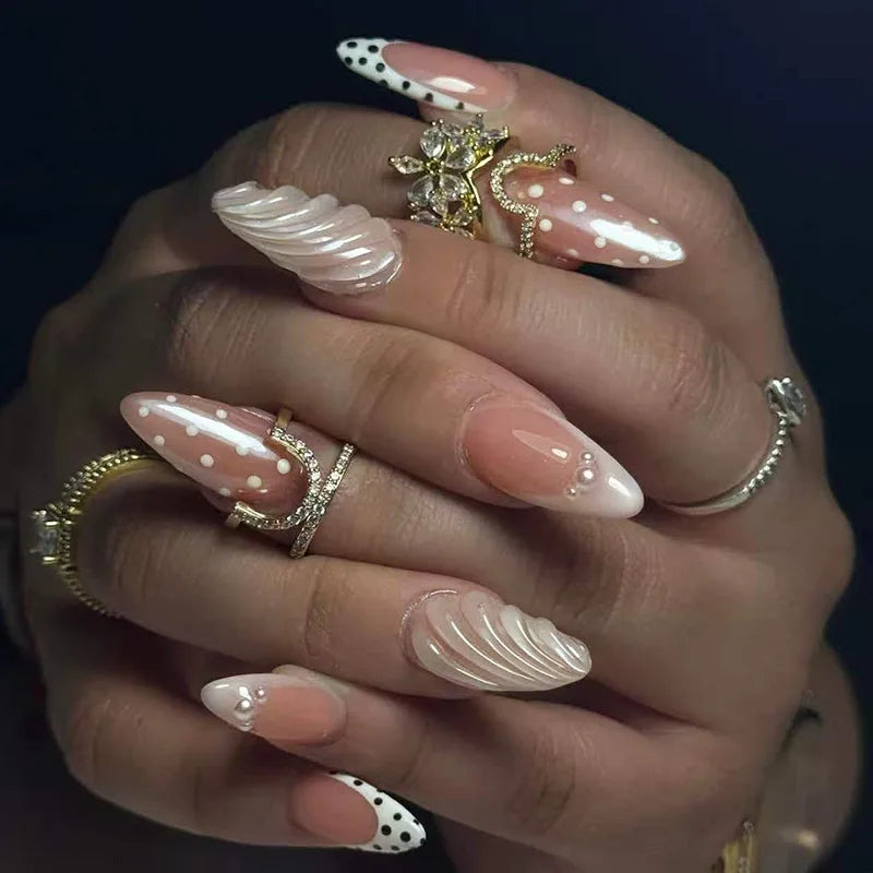 Blush Nude French Tip Nails with White Shell Ridges and Pearl Accents