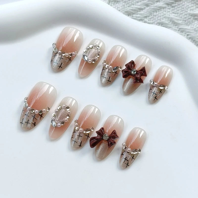 Blush Nude French Tip Press On Nails with Burgundy Bows and Crosshatch Details