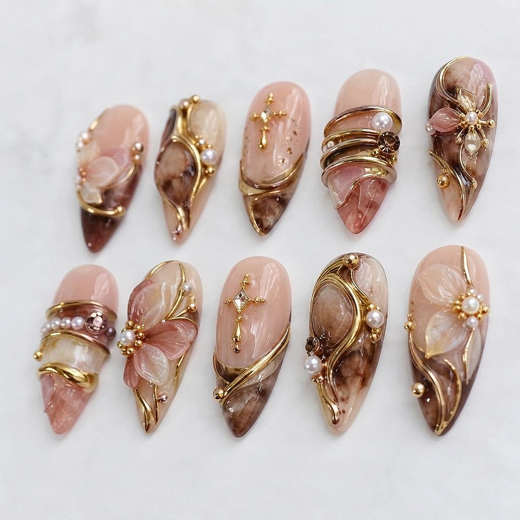 Blush Nude Marble Press On Nails With 3D Flowers, Gold Swirls, Pearls and Rhinestones