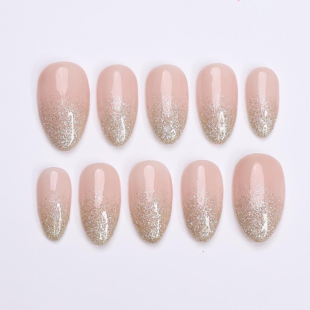 Blush Nude Ombre Press-On Nails With Champagne-Silver Glitter Tips