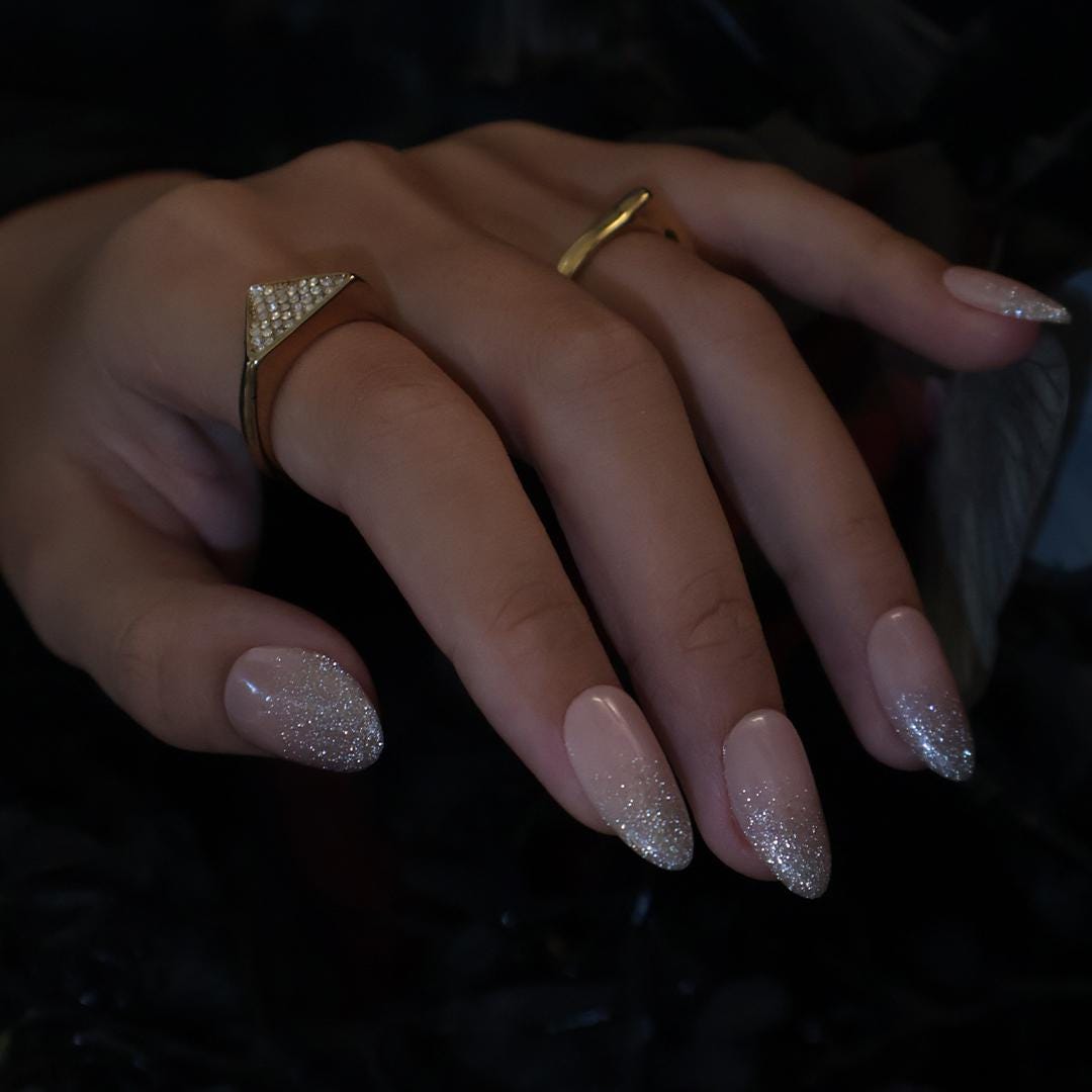 Blush Nude Ombre Press-On Nails With Champagne-Silver Glitter Tips