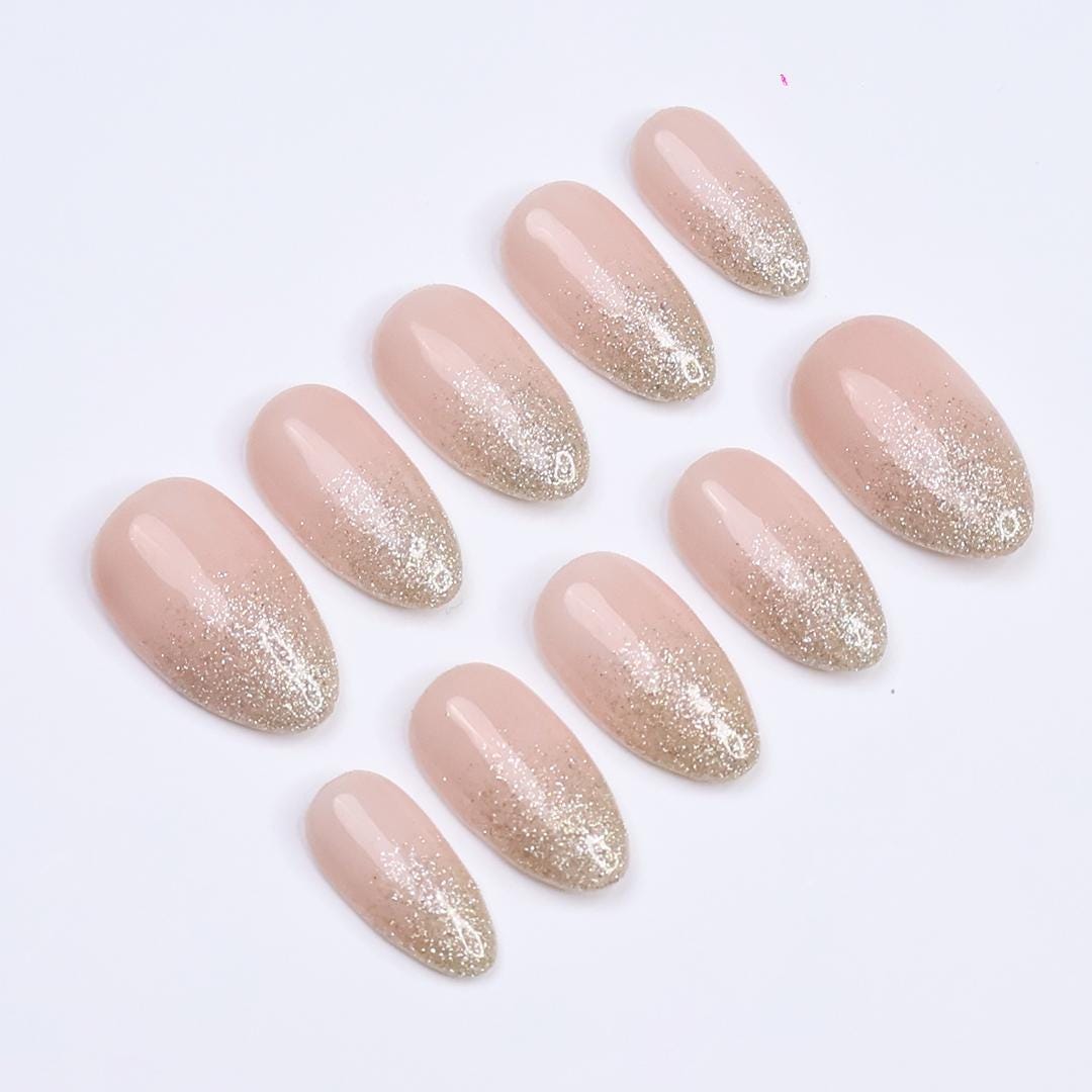 Blush Nude Ombre Press-On Nails With Champagne-Silver Glitter Tips