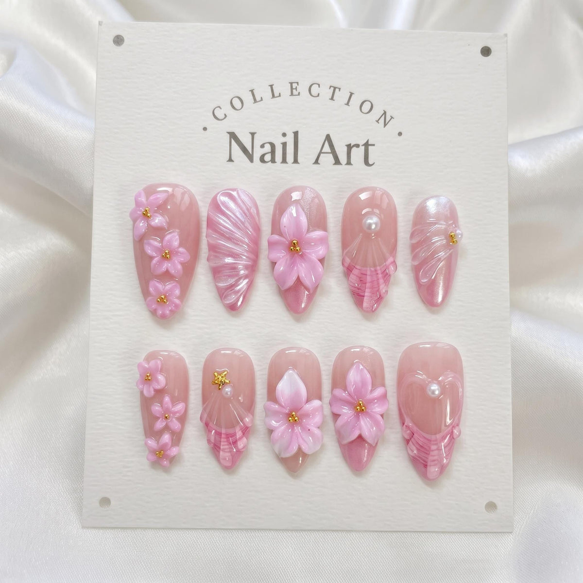 Blush Pink 3D Floral Nails With Pearly Shell Details