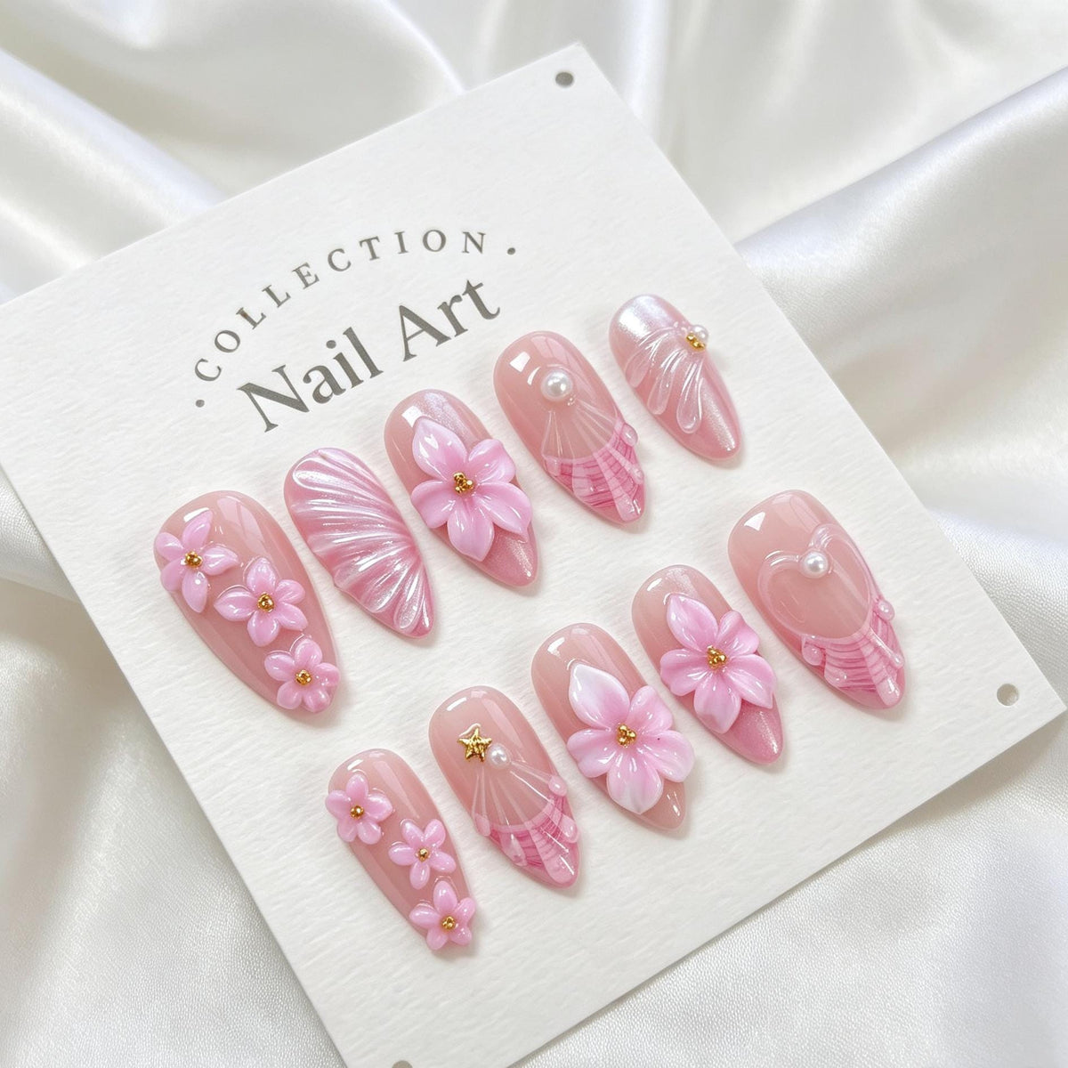Blush Pink 3D Floral Nails With Pearly Shell Details